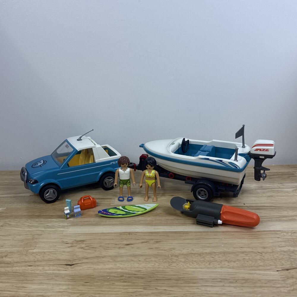 Playmobil Surfer Car with Speed Boat & Trailer Lot Of Accessories + Figures 6864